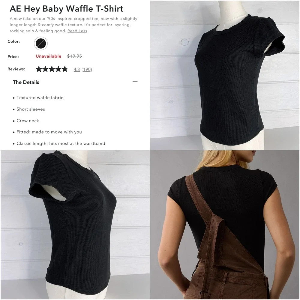 American Eagle AE Waffle T-Shirt Layering Tee M Black Stretch Base Layer 90s Y2K - Picture 2 of 16